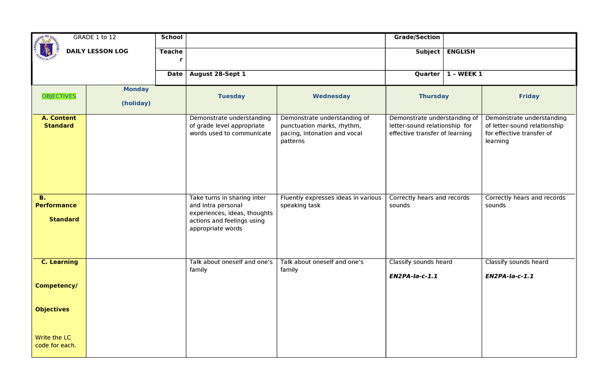 G2 WEEK1 dll English - GRADE 1 to 12 DAILY LESSON LOG School Grade ...