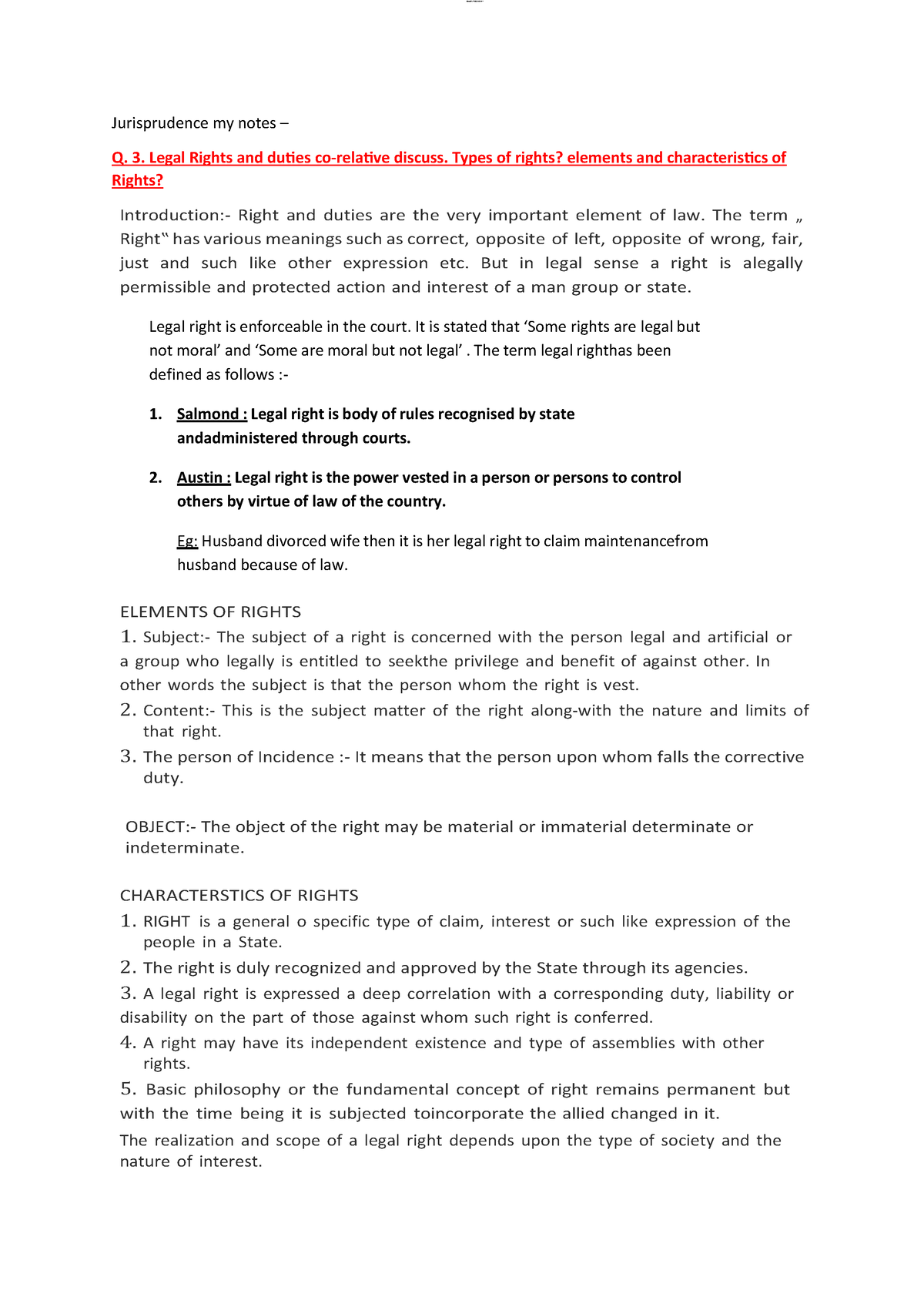 Jurisprudence My Notes - 3. Legal Rights And Duties Co-relative Discuss ...