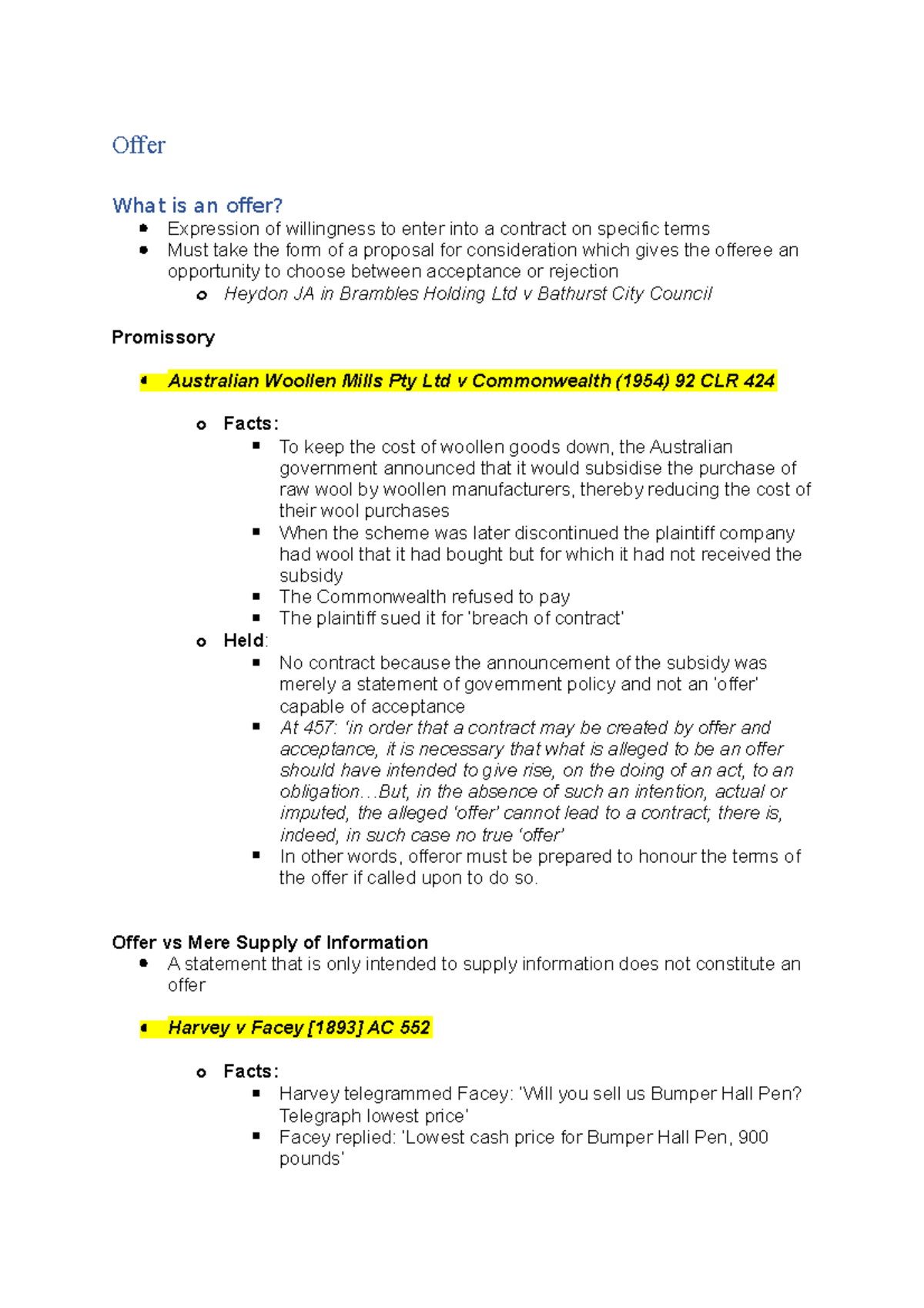 LAWS1000 Exam Notes - Offer What Is An Offer? Expression Of Willingness ...