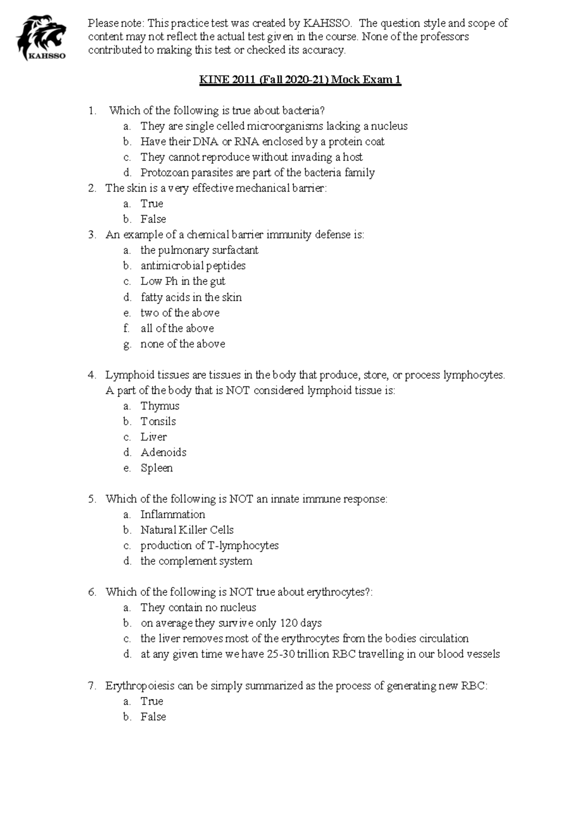 KINE 2011 Mock Exam 1 - Questions - content may not reflect the actual ...