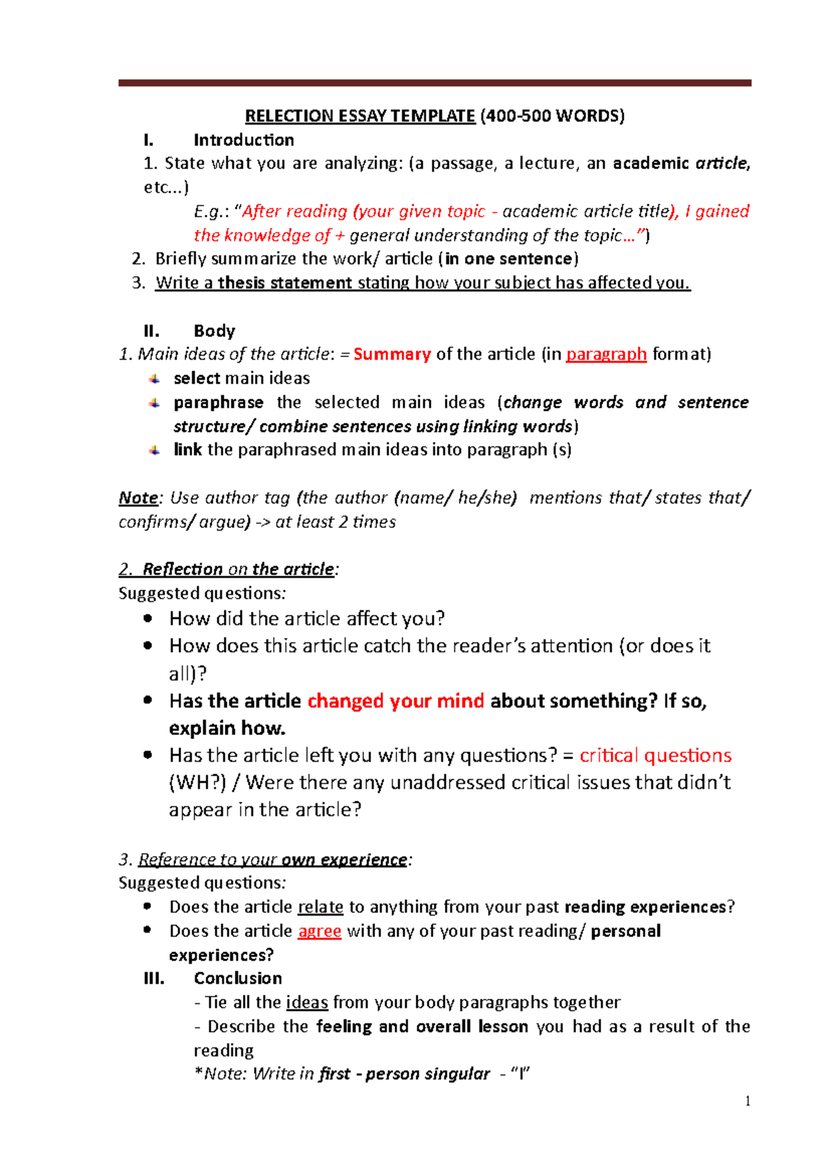 INS1014 - Reflection Essay Template & Sample - RELECTION ESSAY TEMPLATE ...