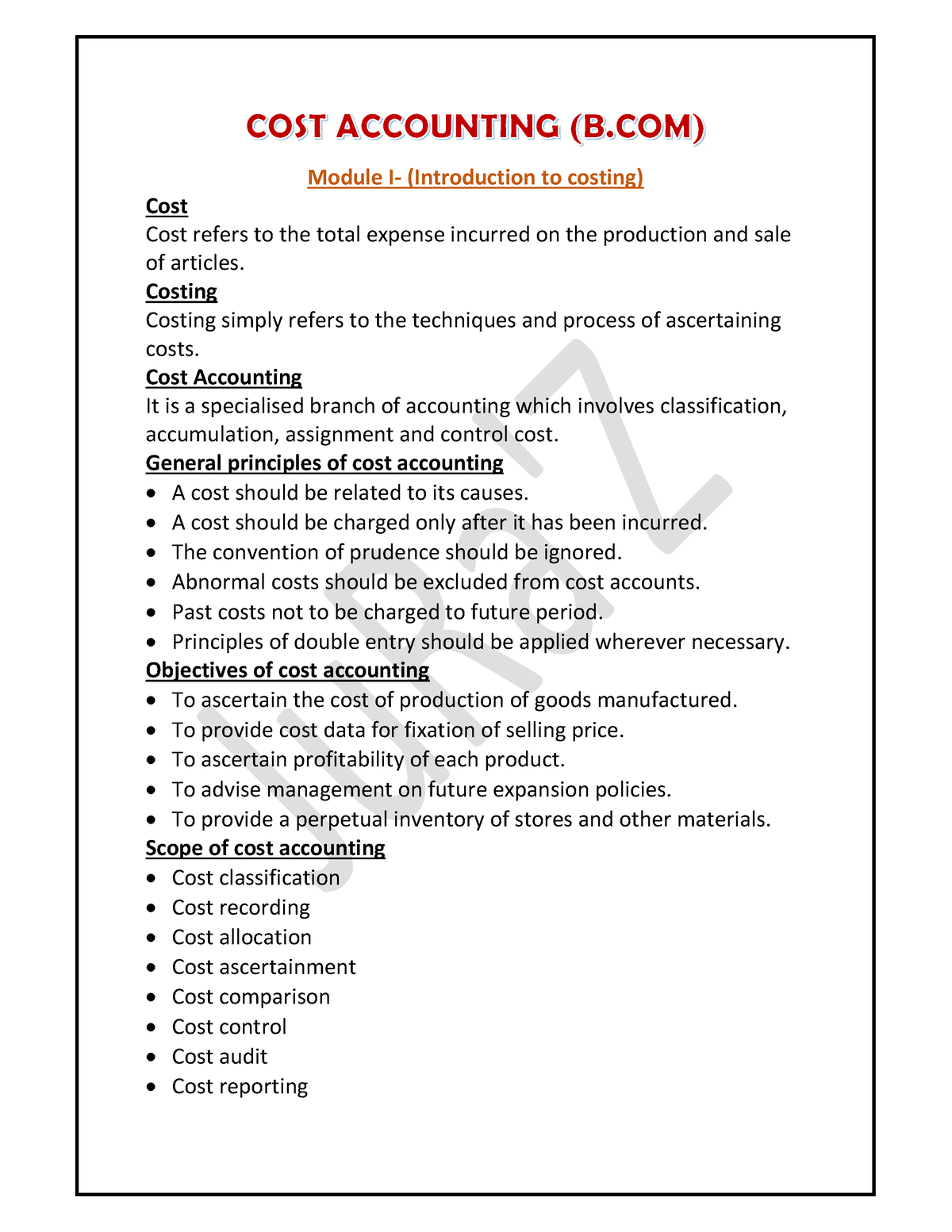 Cost Accounting -Bcom- Module I - Module I- (Introduction To Costing ...