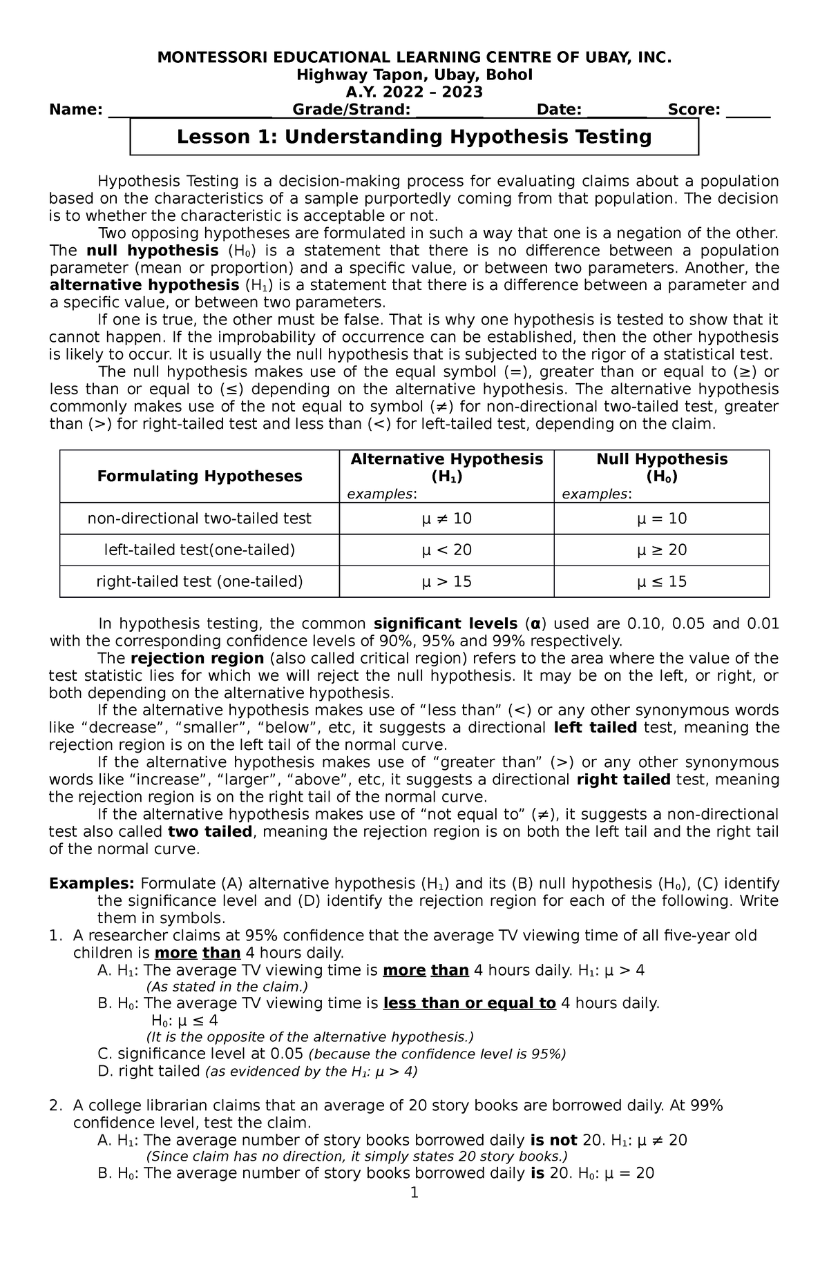 Stat Prob 11 Q4 SLM WK1 - NOTES - MONTESSORI EDUCATIONAL LEARNING ...