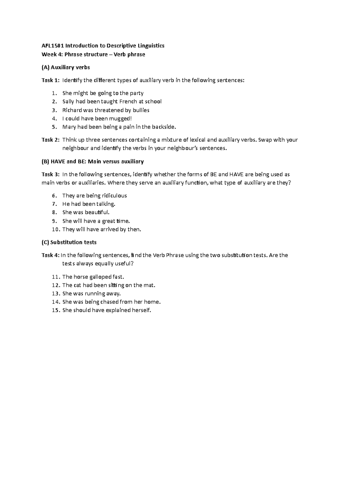 Verb Phrases Notes AFL1501 Introduction To Descriptive Linguistics 