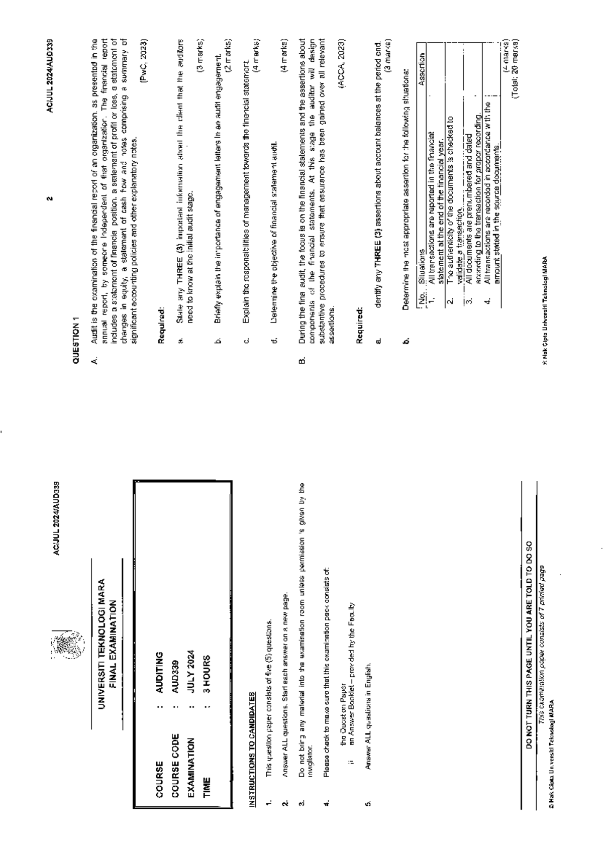AUD339 JULY24 Final - 2 QUESTION 1 A. Audit is the examination of the ...