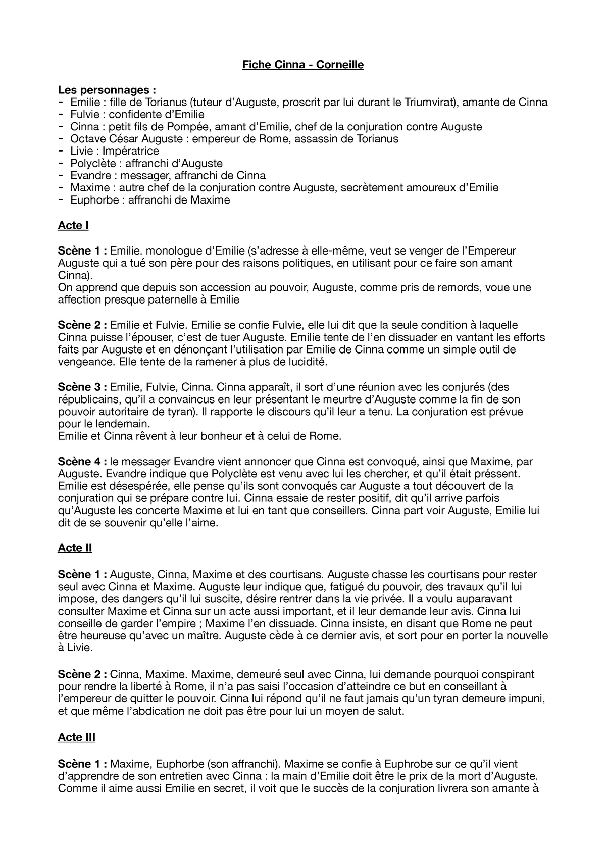 Fiche Cinna Corneille Litterature Fiche Cinna Corneille Les Personnages Emilie Fille De Torianus Tuteur Auguste Proscrit Par Lui Durant Le Triumvirat Amante Studocu