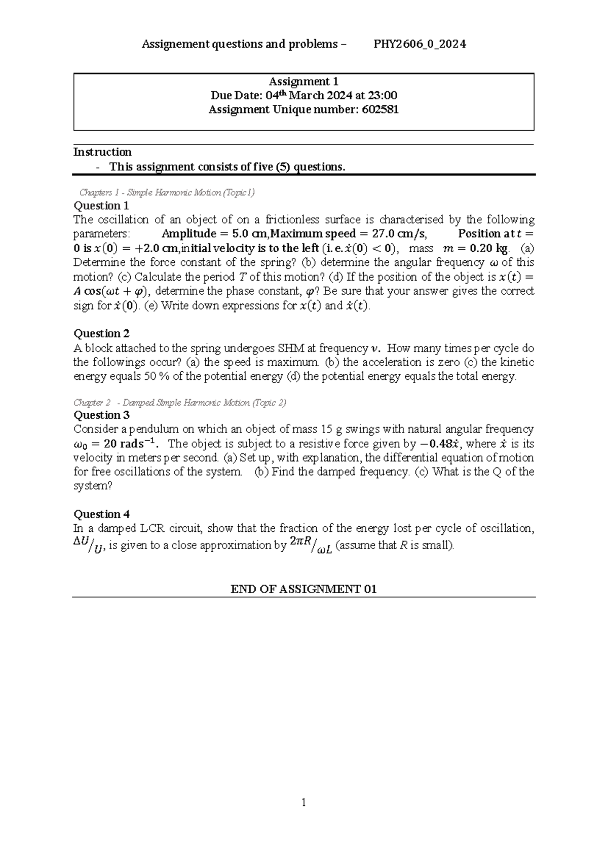 Assignement question and problems - Assignment 1 Due Date: 04 th March ...