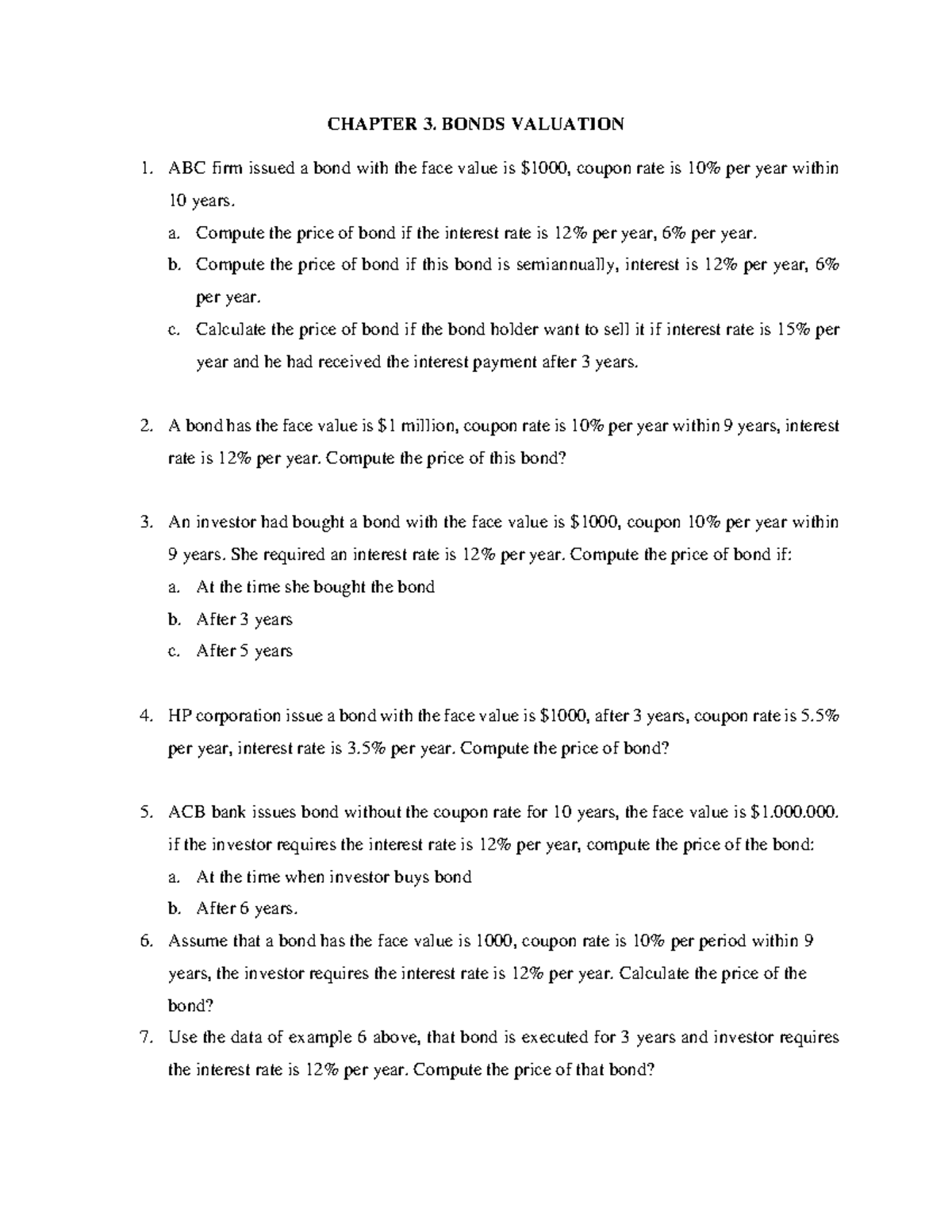 Chapter 3 Bond Valuation Question Chapter 3 Bonds Valuation Abc