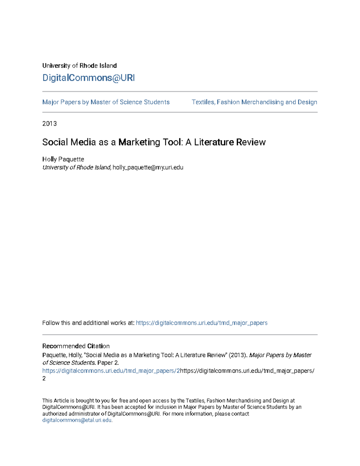 Social Media As A Marketing Tool A Literature Review - Uri Follow This ...