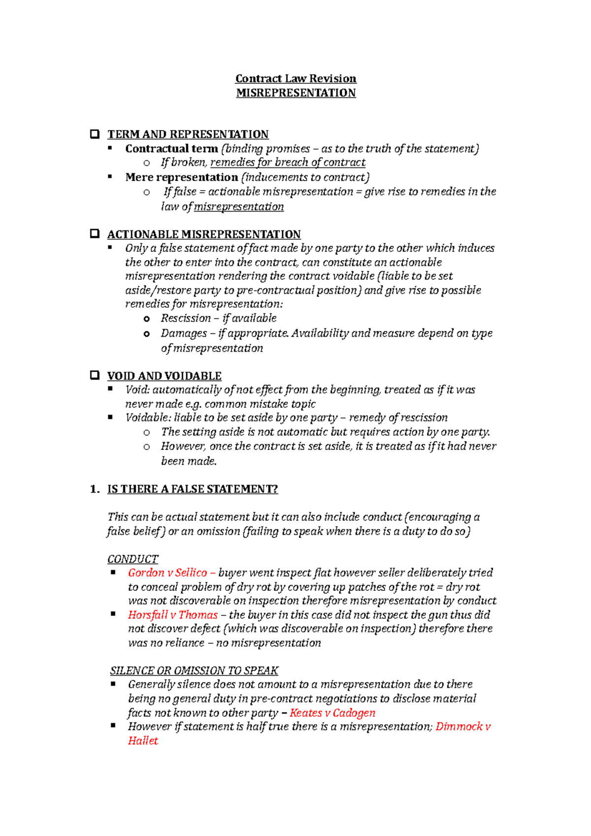 Misrepresentation - Contract Law Revision - Contract Law Revision ...