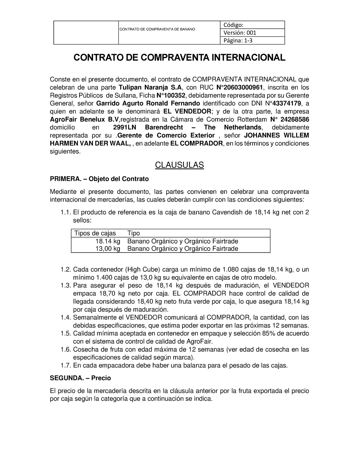 Contrato De Compraventa Internacional Contrato De Compraventa De Banano Código Versión 001 5985