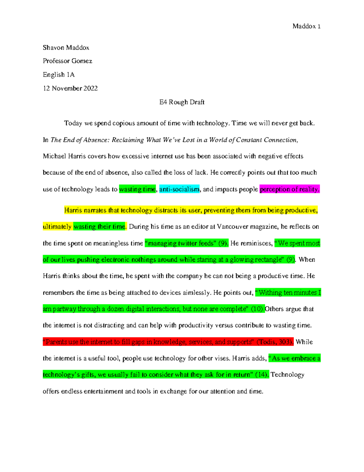 E4 Rough Draft - Shavon Maddox Professor Gomez English 1A 12 November ...