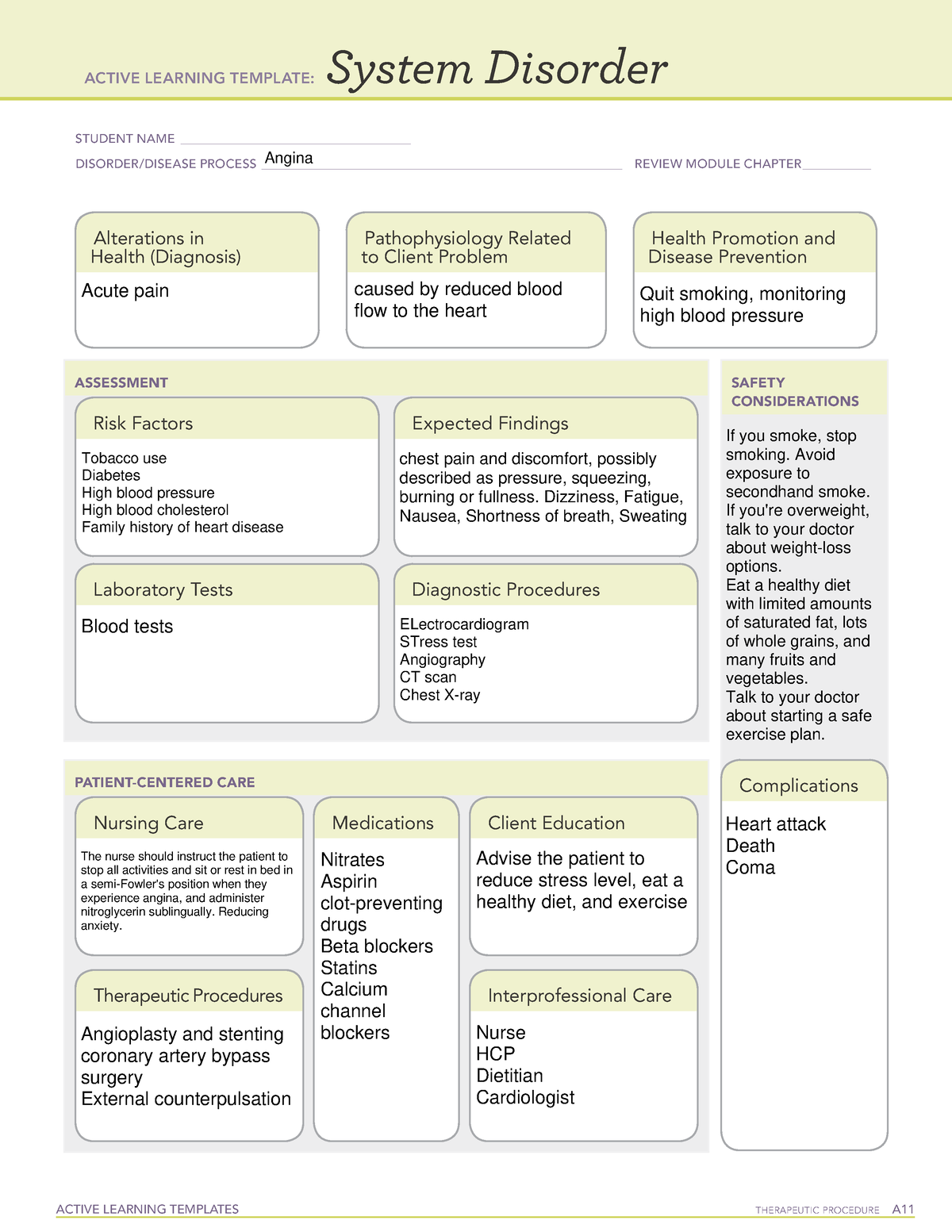 Angina ATI ACTIVE LEARNING TEMPLATES THERAPEUTIC PROCEDURE A System