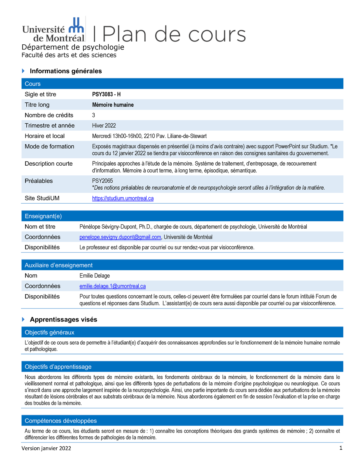 Plan Cours Psy3083 H2022 Faculté Des Arts Et Des Sciences Informations Générales Cours Sigle