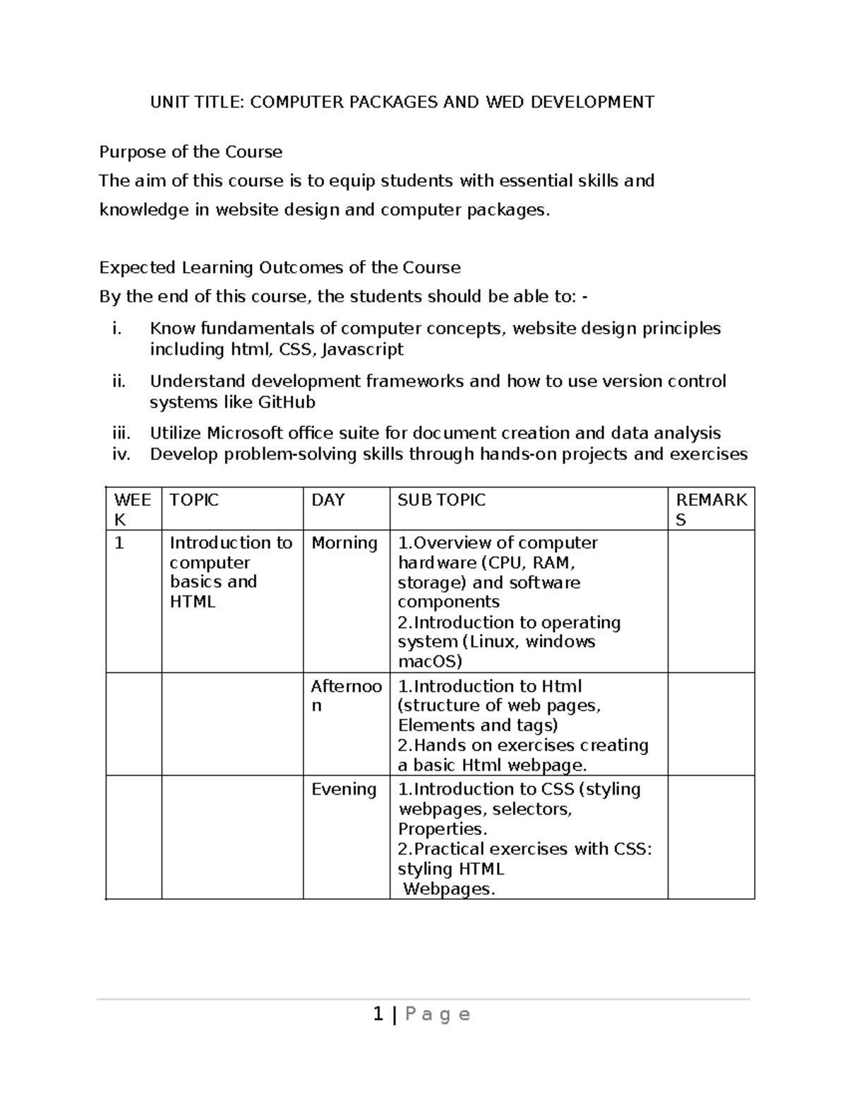 Compuer Packages AND WEB Design Course Outline - UNIT TITLE: COMPUTER ...