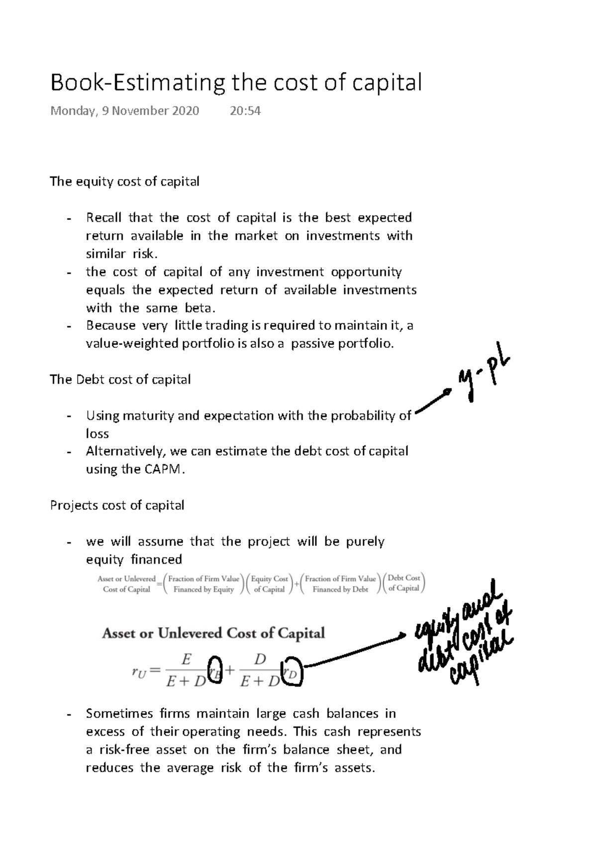 BookEstimating the cost of capital The equity cost of capital Recall