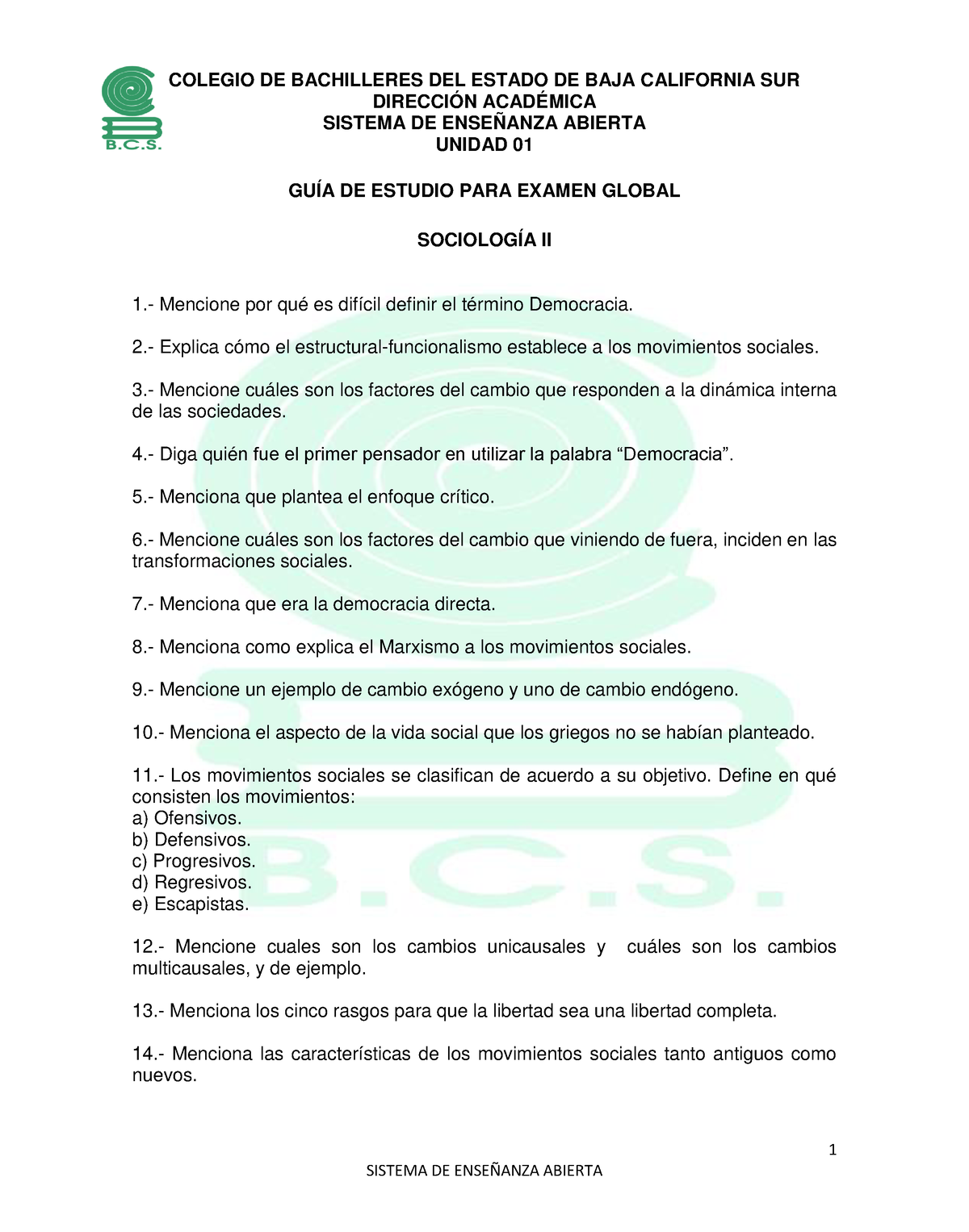 Guía De Sociología II - Cuestionario Para Estudiar Sociologia - 1 ...