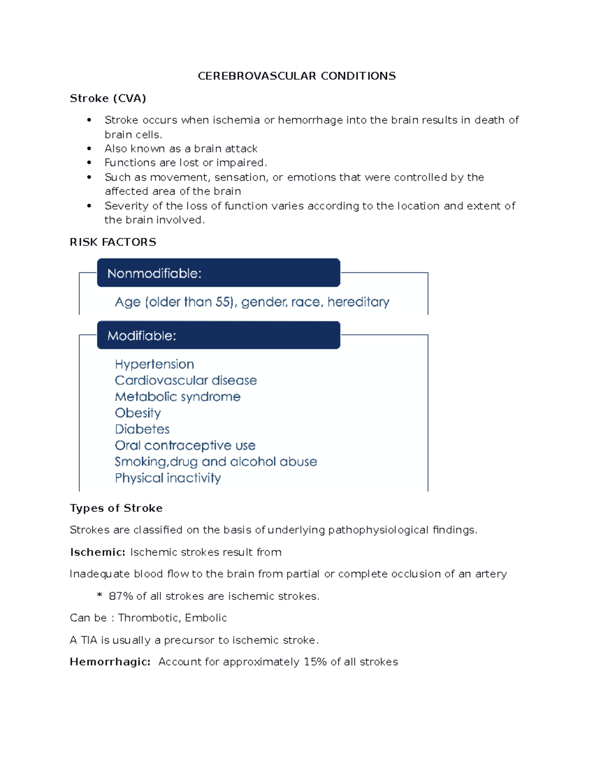 NURS 1027 WEEK 6 - Lecture notes 6 - CEREBROVASCULAR CONDITIONS Stroke ...