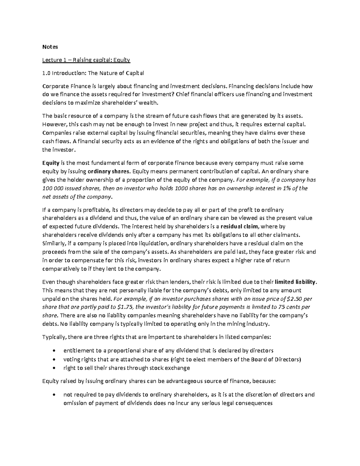 Notes corporate policy - Notes Lecture 1 – Raising capital: Equity 1 ...