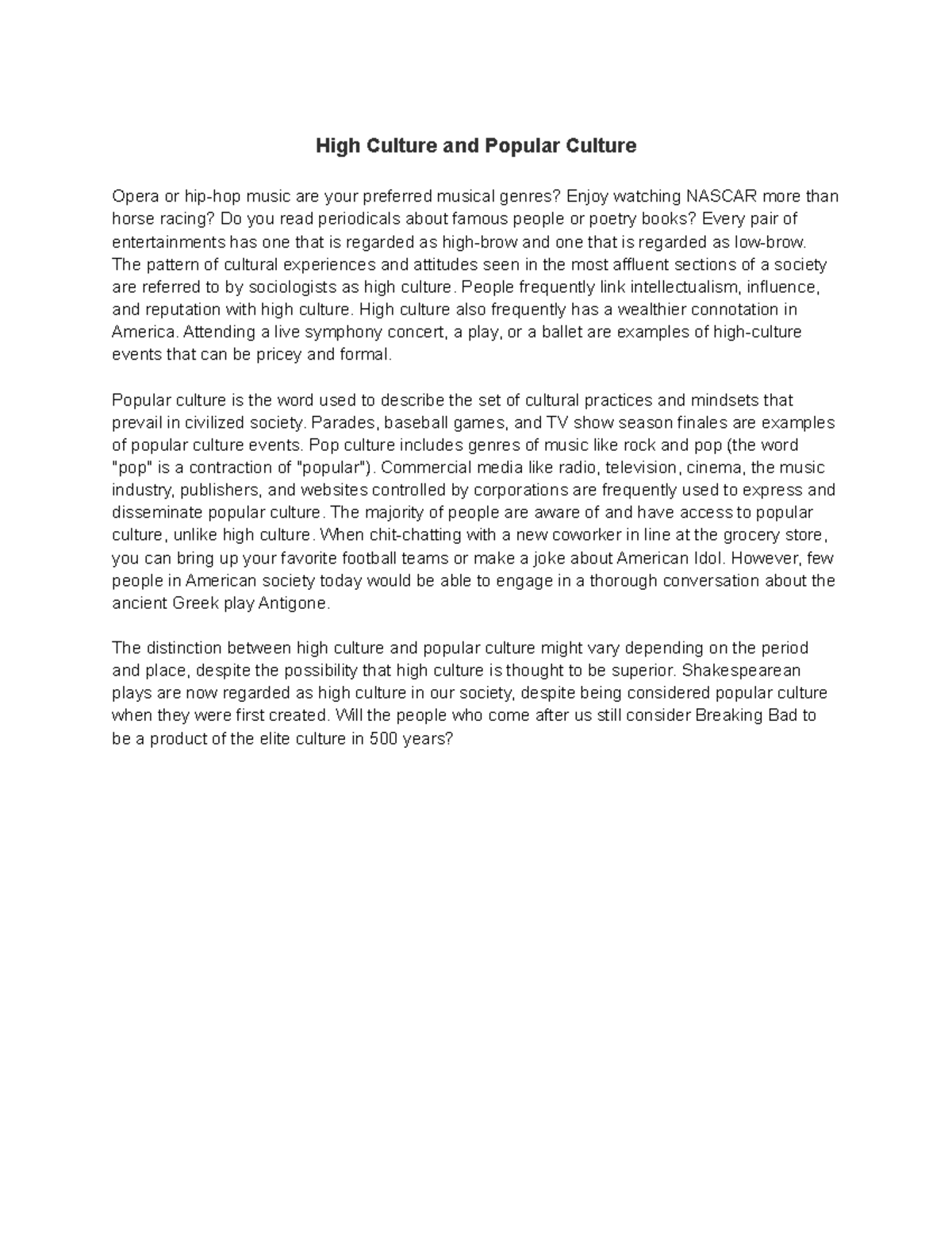 3.3.1 Pop Culture Notes - High Culture and Popular Culture Opera or hip ...