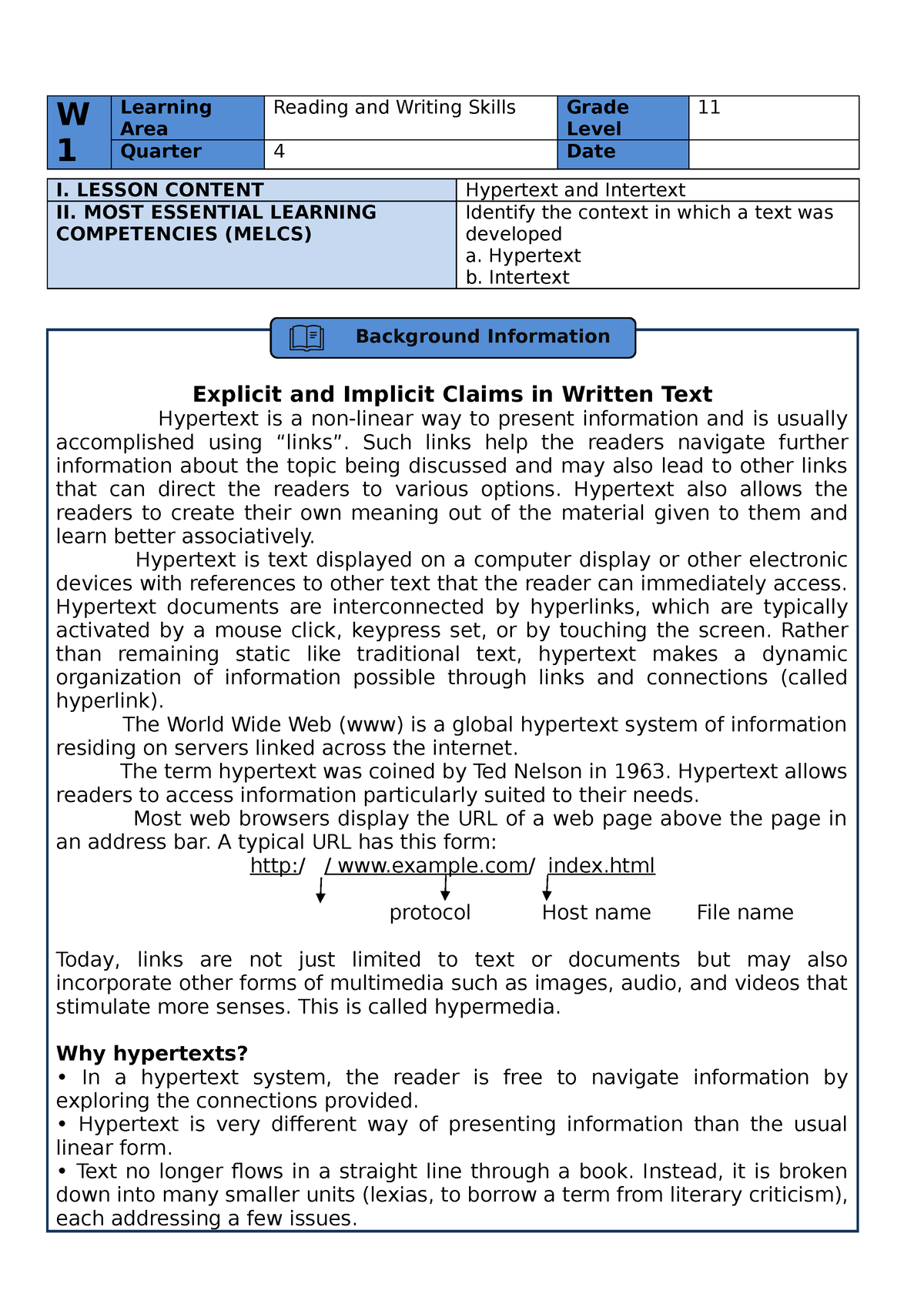 LAS 4th Quarter RWS Week1 2 - W 1 Learning Area Reading And Writing ...