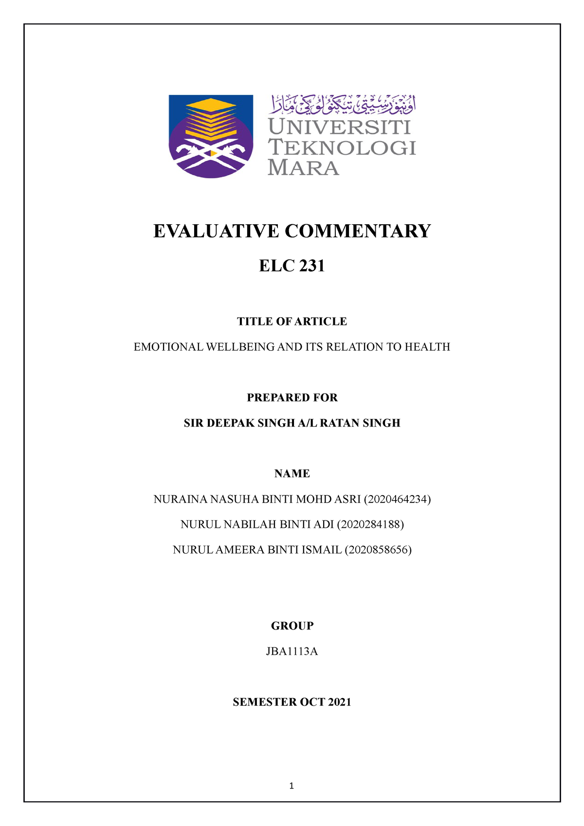 ELC231 EC Template Guide - EVALUATIVE COMMENTARY ELC 231 TITLE OF ...