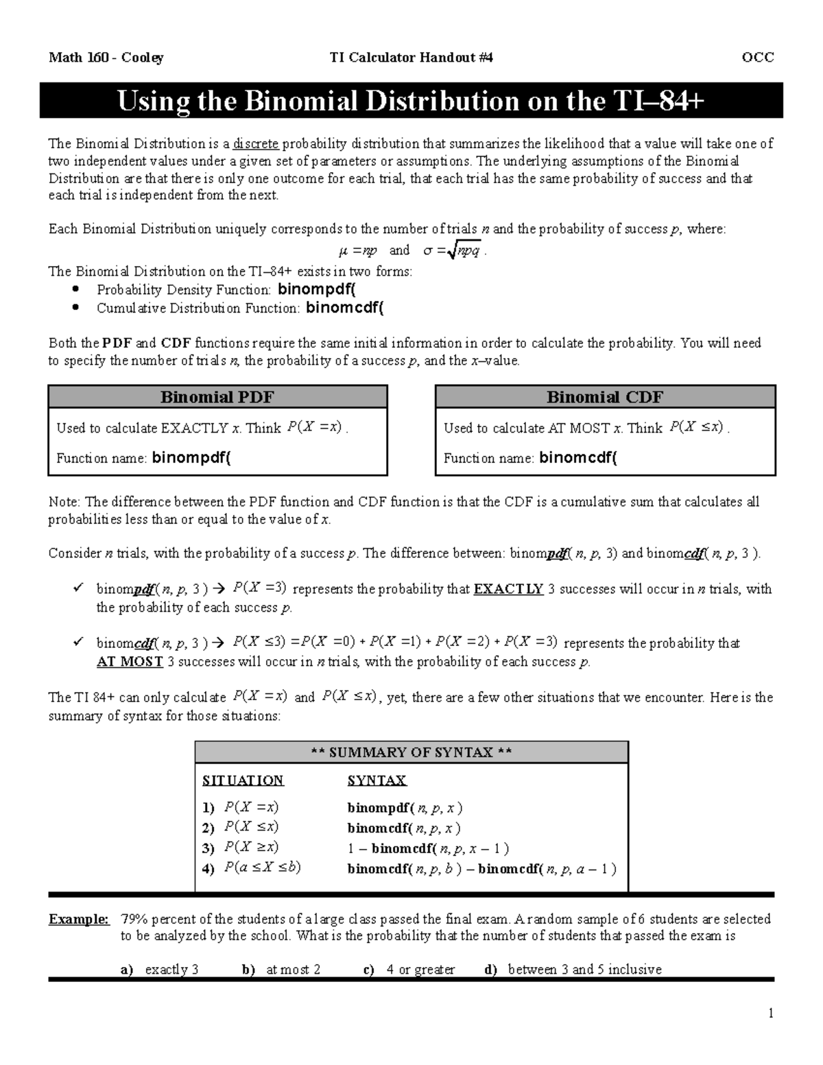 Math160 handout Using the Binomial Distribution on the TI84+ The