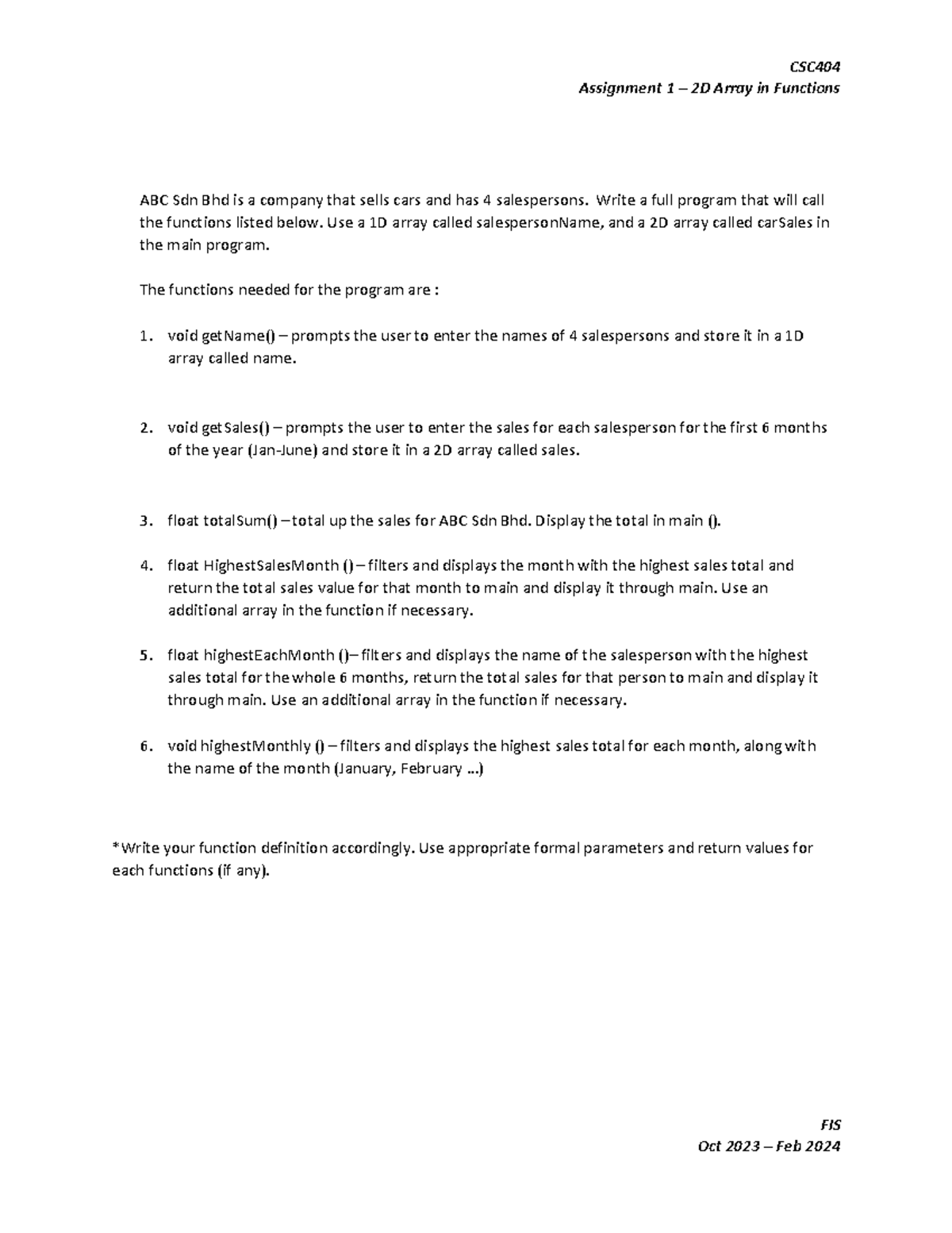 Lab Assignment - 2D Array in Functions - CSC Assignment 1 – 2D Array in ...