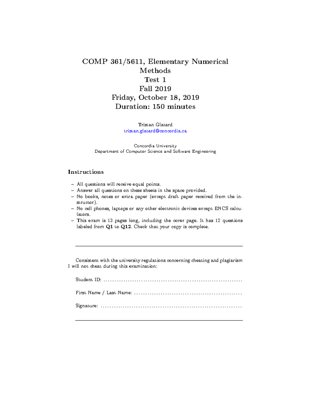 Midterm 1 2019 - COMP 361/5611, Elementary Numerical Methods Test 1 ...