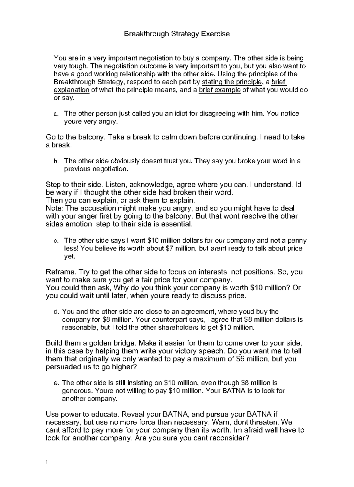 Breakthrough Strategy Answers - Breakthrough Strategy Exercise You are ...