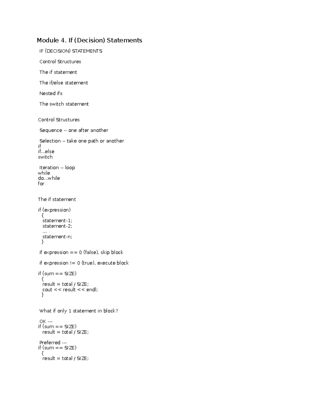 C++ Chapter 2-9 - Lecture notes 2-9 - Module 4. If (Decision ...