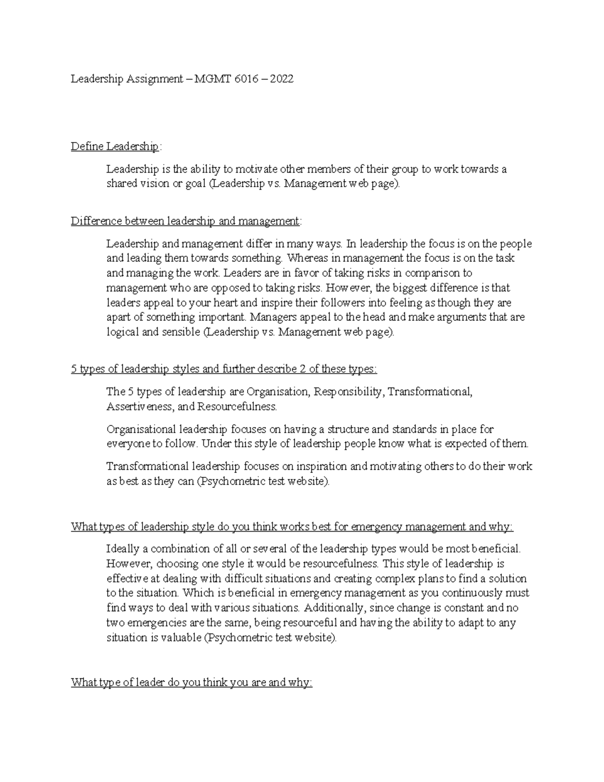 Leadership Assignment - Management web page). Difference between ...