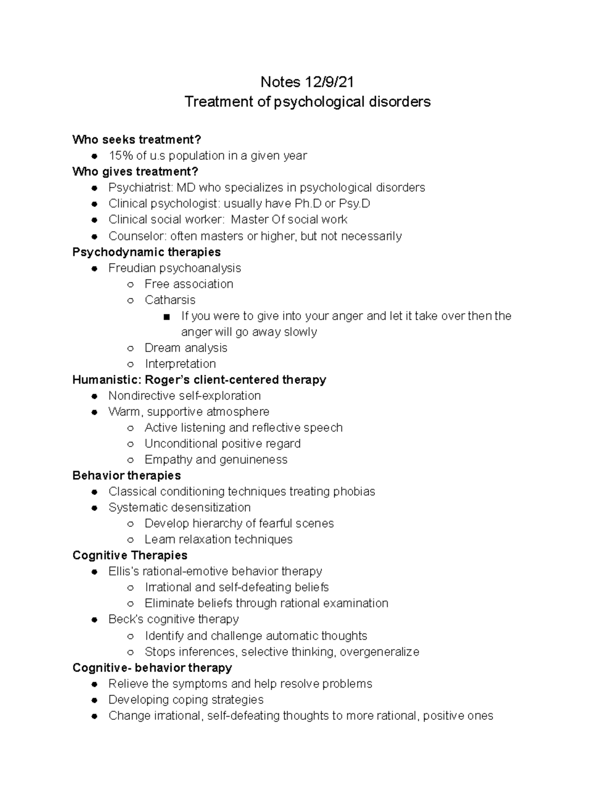 Notes 12 9 21 - Treatment of psychological disorders - Notes 12/9 ...
