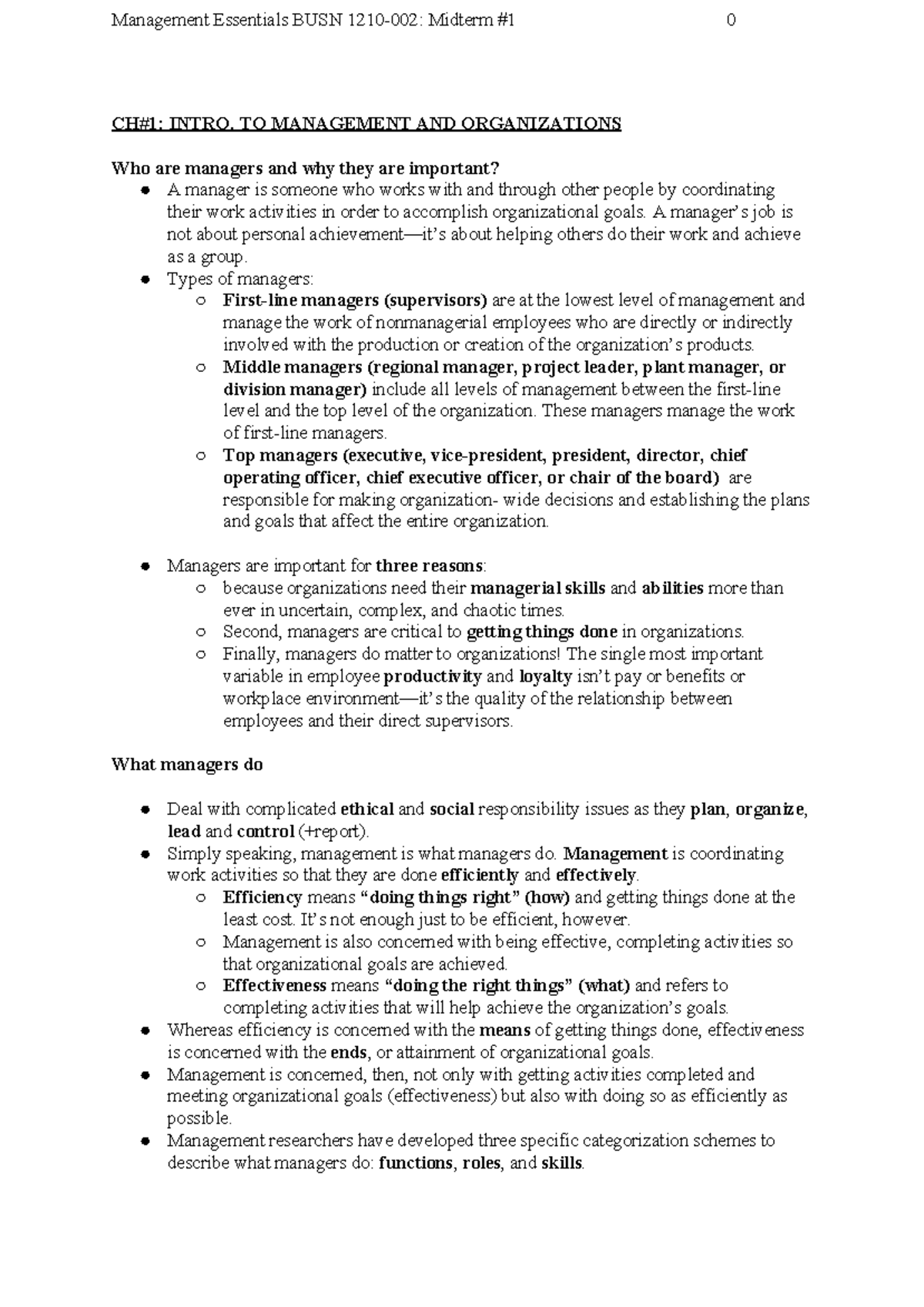 [M.E] Midterm 1 (Ch 1,2,3,5,7) - CH#1: INTRO. TO MANAGEMENT AND ...