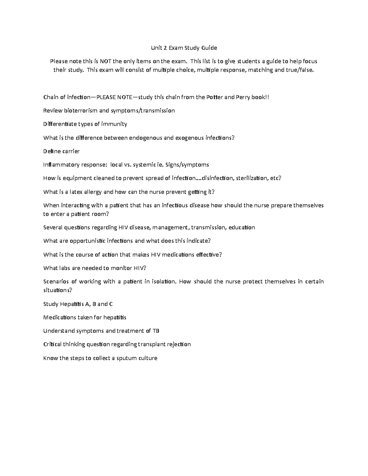 Unit 2 Exam Study Guide - Unit 2 Exam Study Guide Please note this is ...