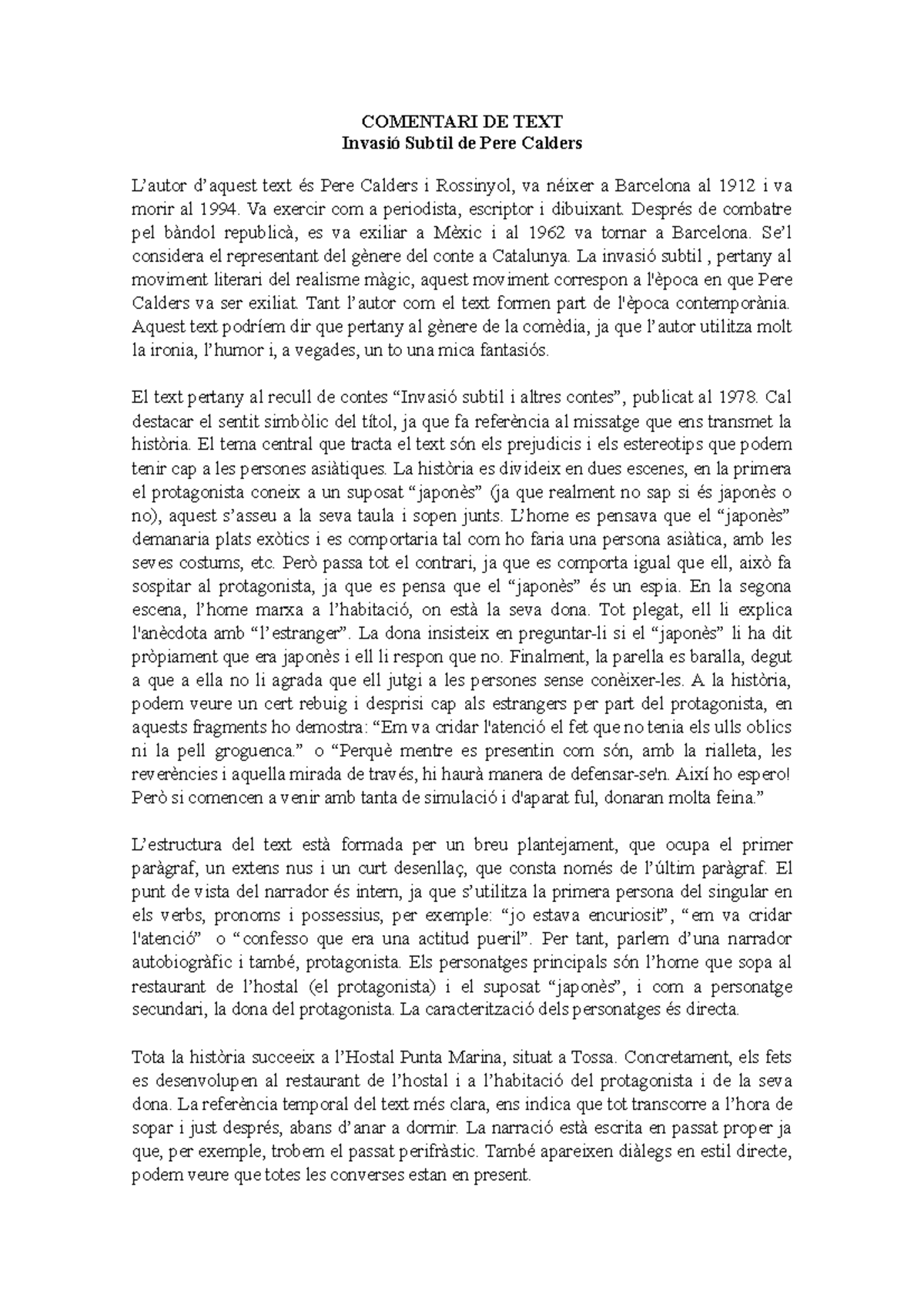 C.T Invasió Subtil - COMENTARI DE TEXT Invasió Subtil de Pere Calders L ...
