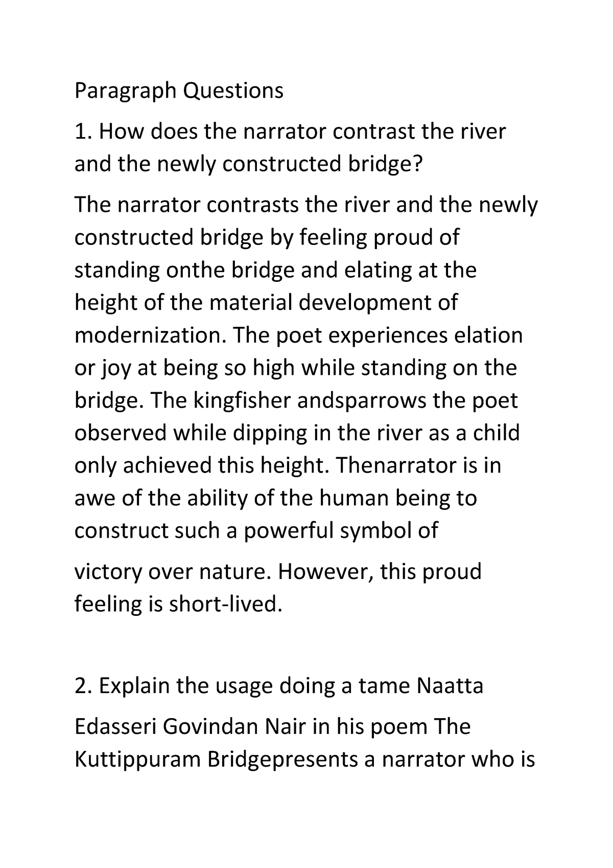 the kuttippuram bridge poem essay questions and answers