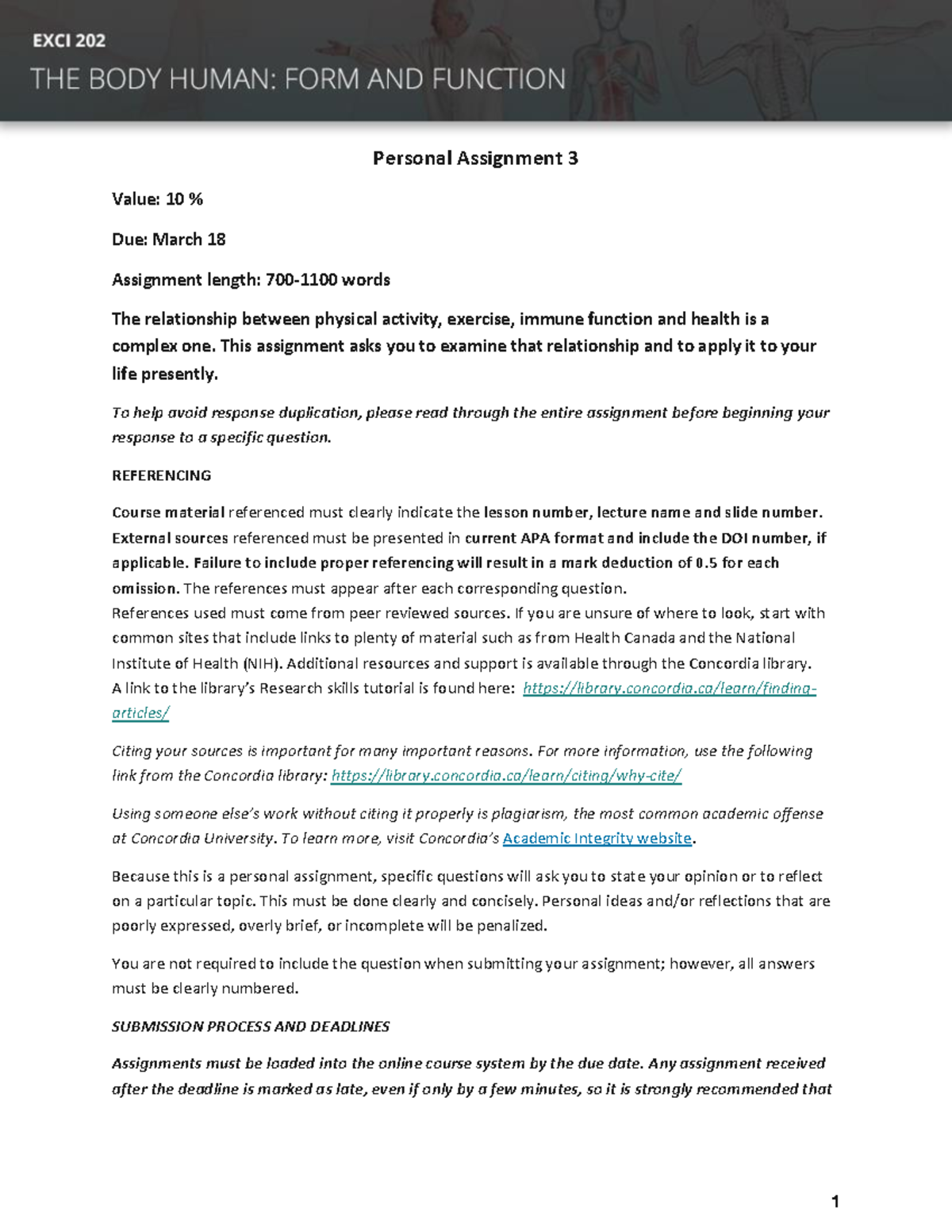 Exci 202 assignment 3 - 1 Personal Assignment 3 Value: 10 % Due: March ...