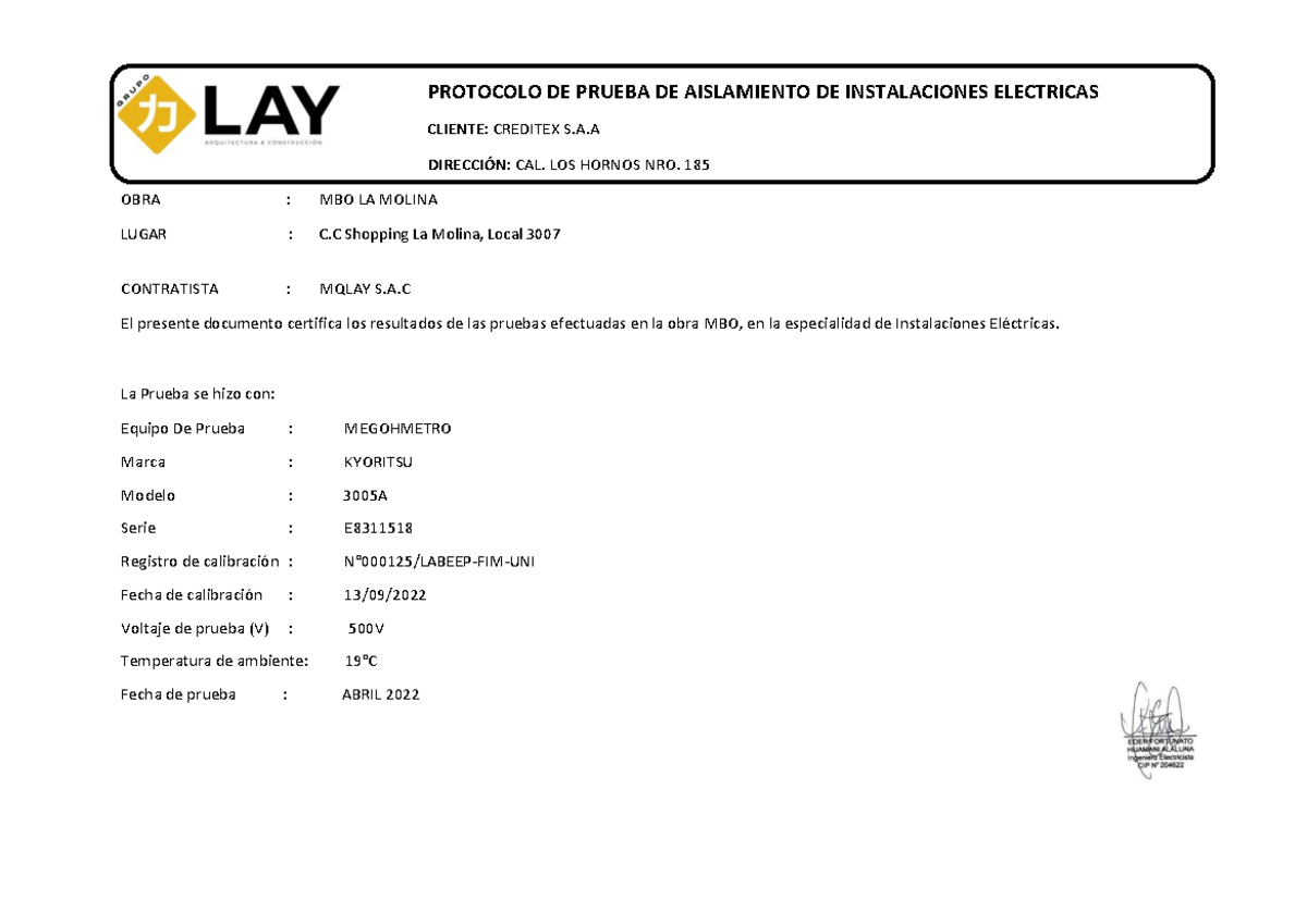 Megado MBO - PROTOCOLO DE PRUEBA DE AISLAMIENTO DE INSTALACIONES