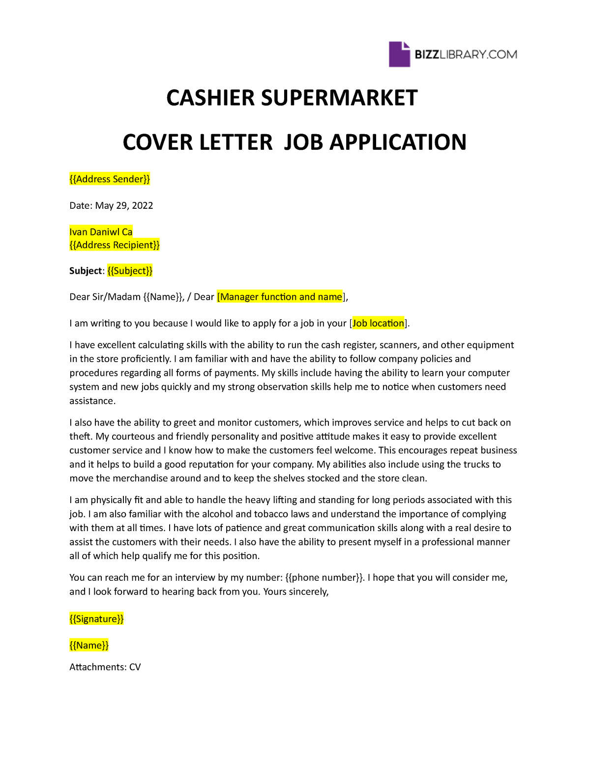 simple job application letter in a supermarket