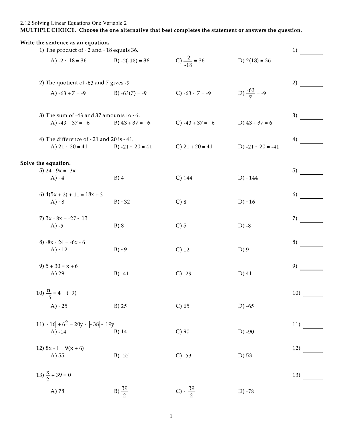 2 - Eeeee - 2 Solving Linear Equations One Variable 2 MULTIPLE CHOICE ...