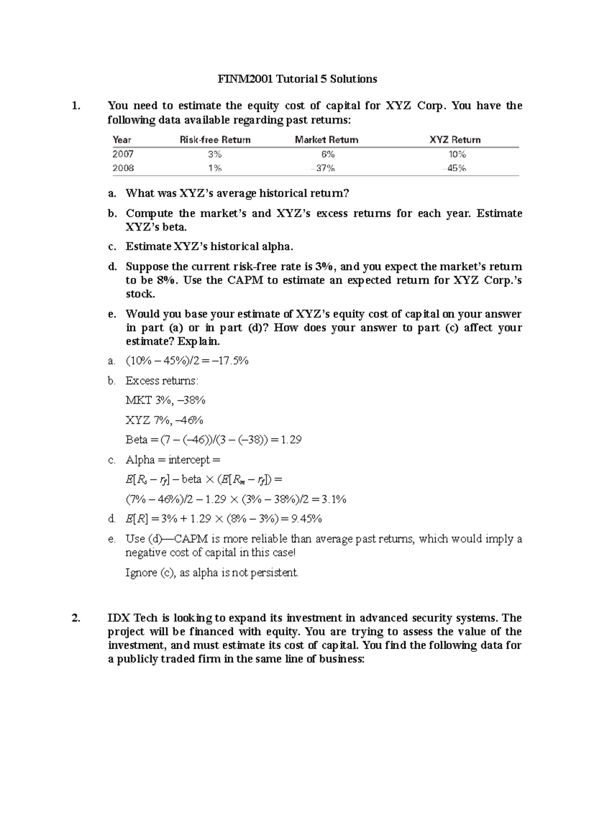 Tutorial 5 A You Have The Following Data Available Regarding Past Returns A What Was Xyz S Studocu