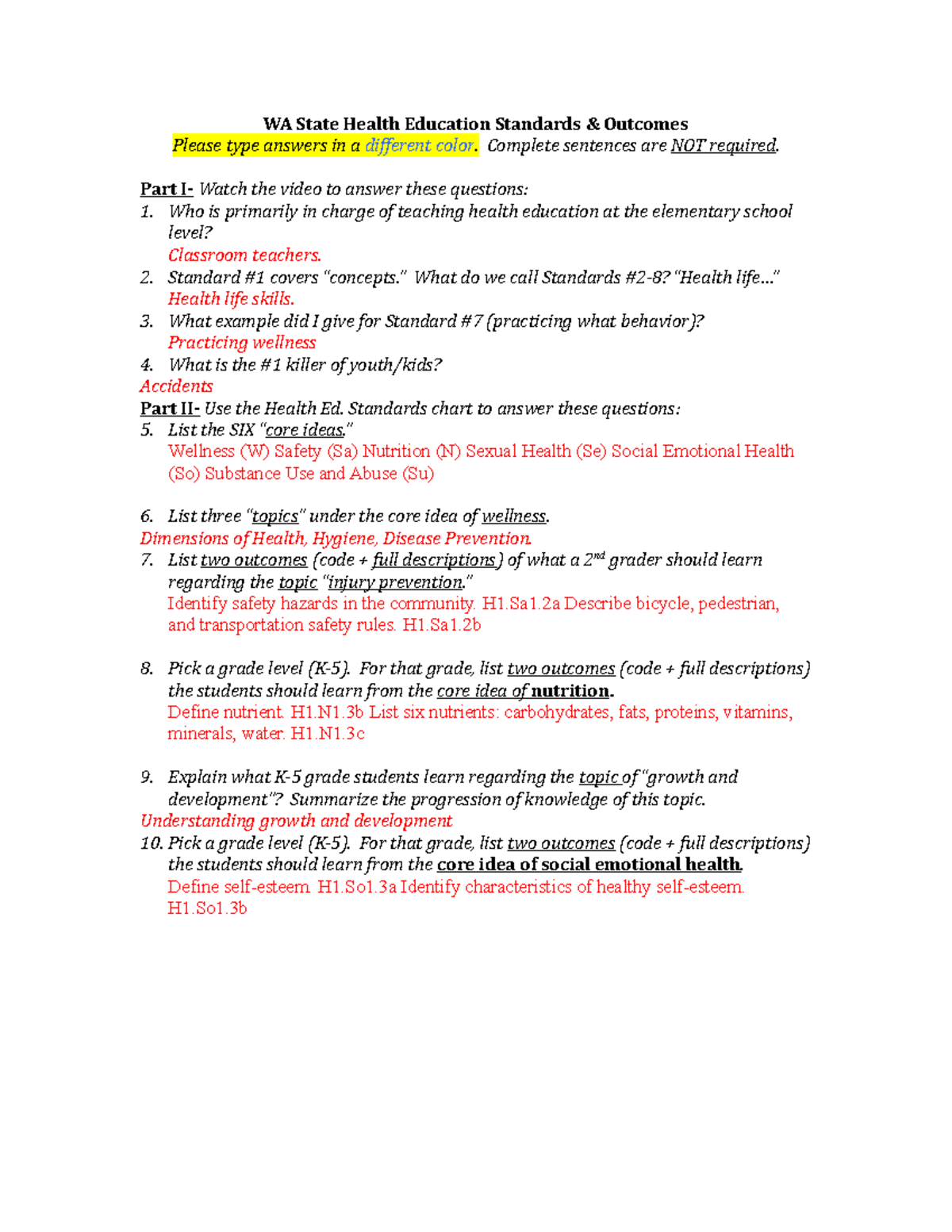 Health Standards Questions and answers WA State Health