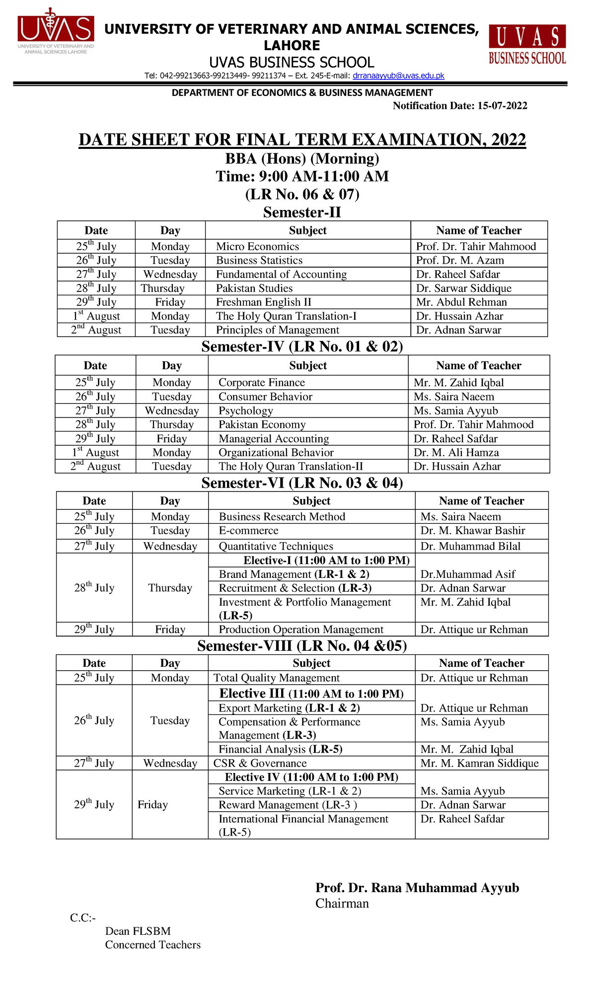 BBA(M) Date sheet Final term exam July 2022 - UNIVERSITY OF VETERINARY ...