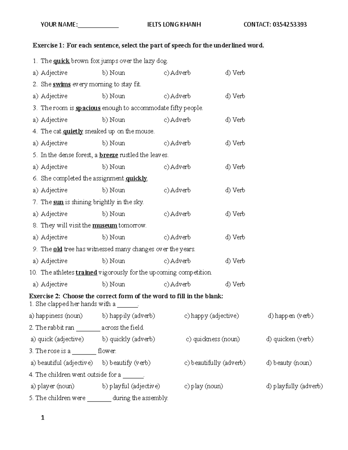 Review Parts OF Speech - Exercise 1: For each sentence, select the part ...