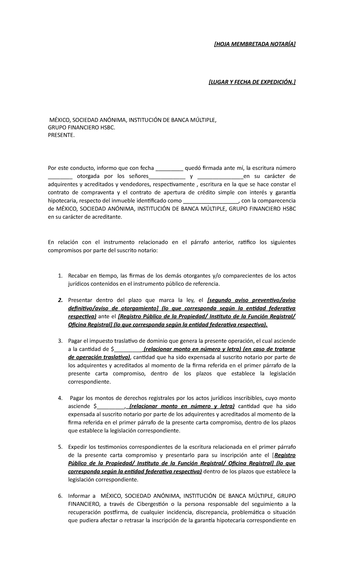 Carta Compromiso Notarias Operaciones - [HOJA MEMBRETADA NOTARÍA ...