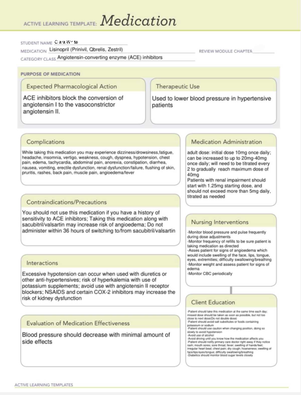 Lisioprol med - Practice - ACTIVE LEARNING TEMPLATE: Medication STUDENT ...