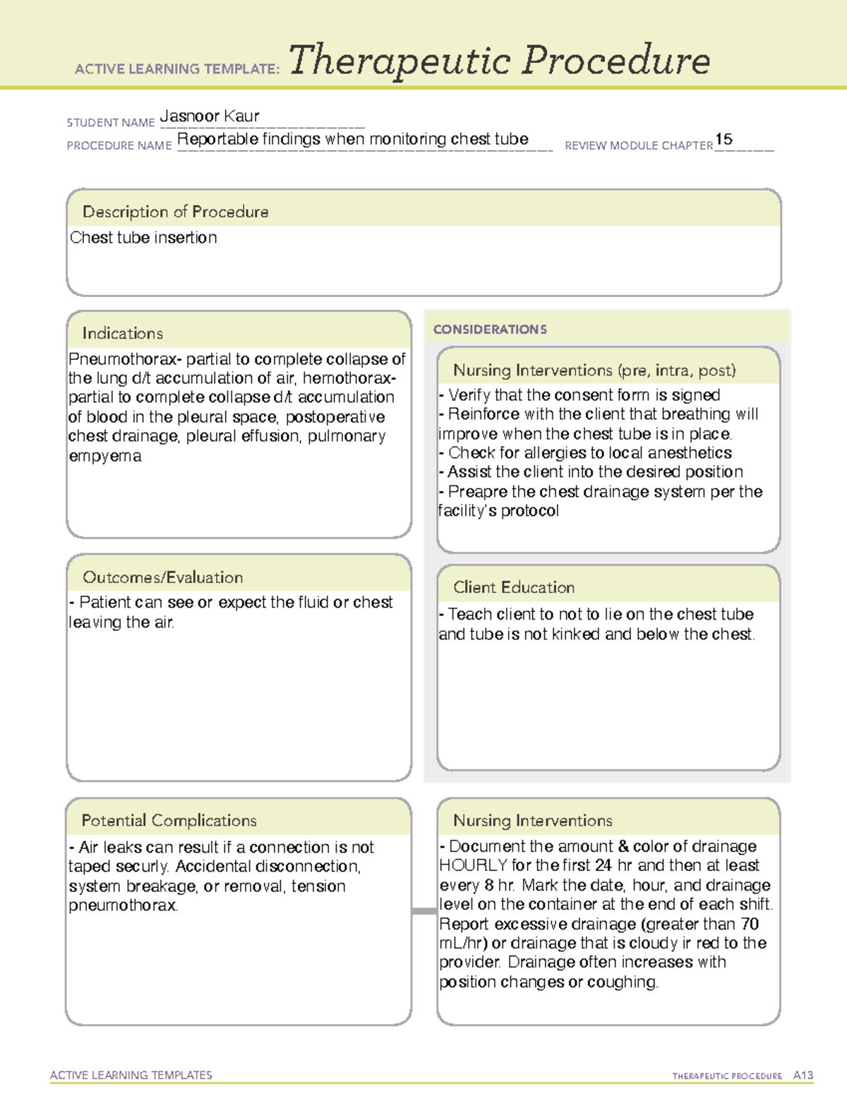 Findings chest tube - ACTIVE LEARNING TEMPLATES THERAPEUTIC PROCEDURE A ...