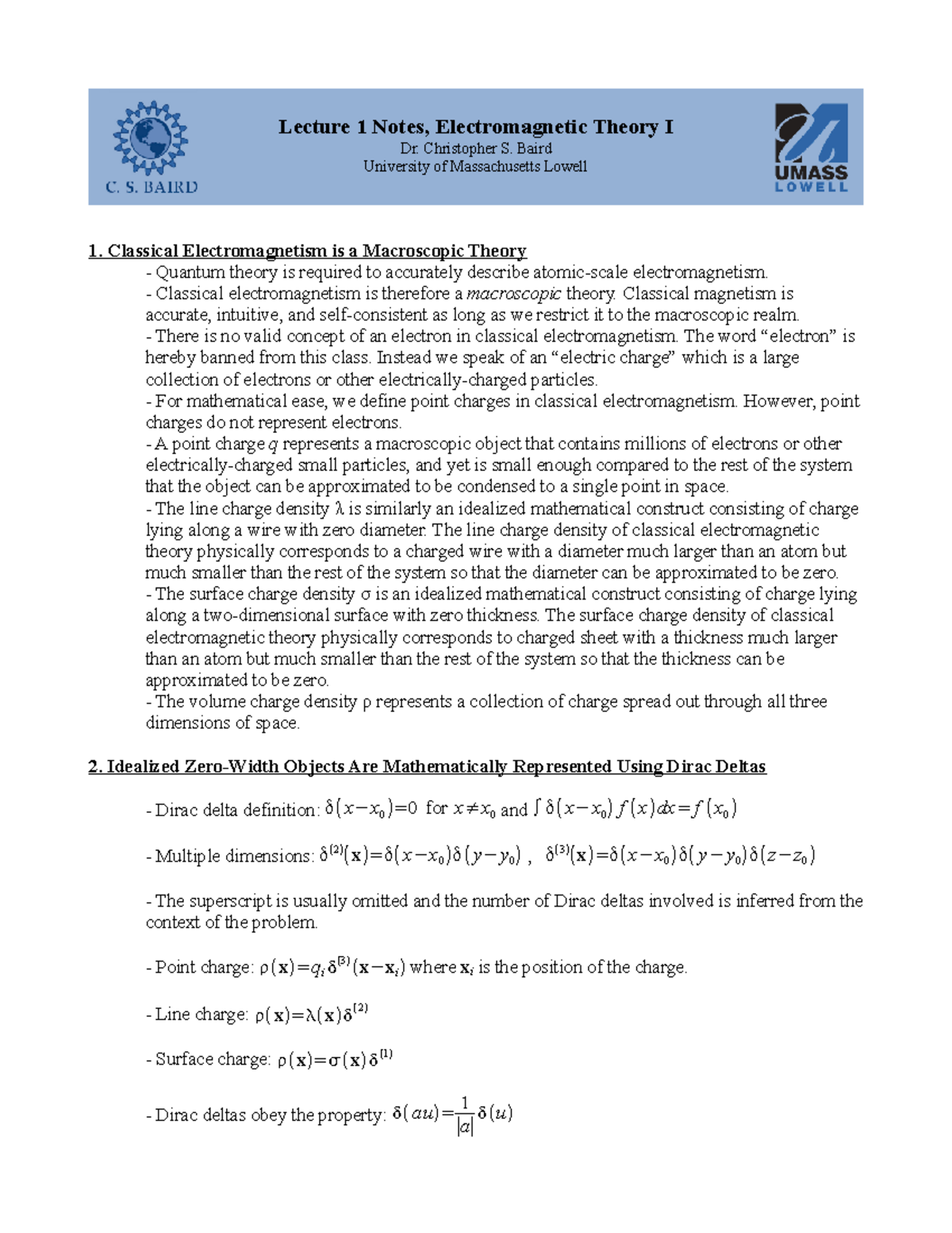 Lecture 1 - Notes For Electromagnetic Theory - Lecture 1 Notes ...