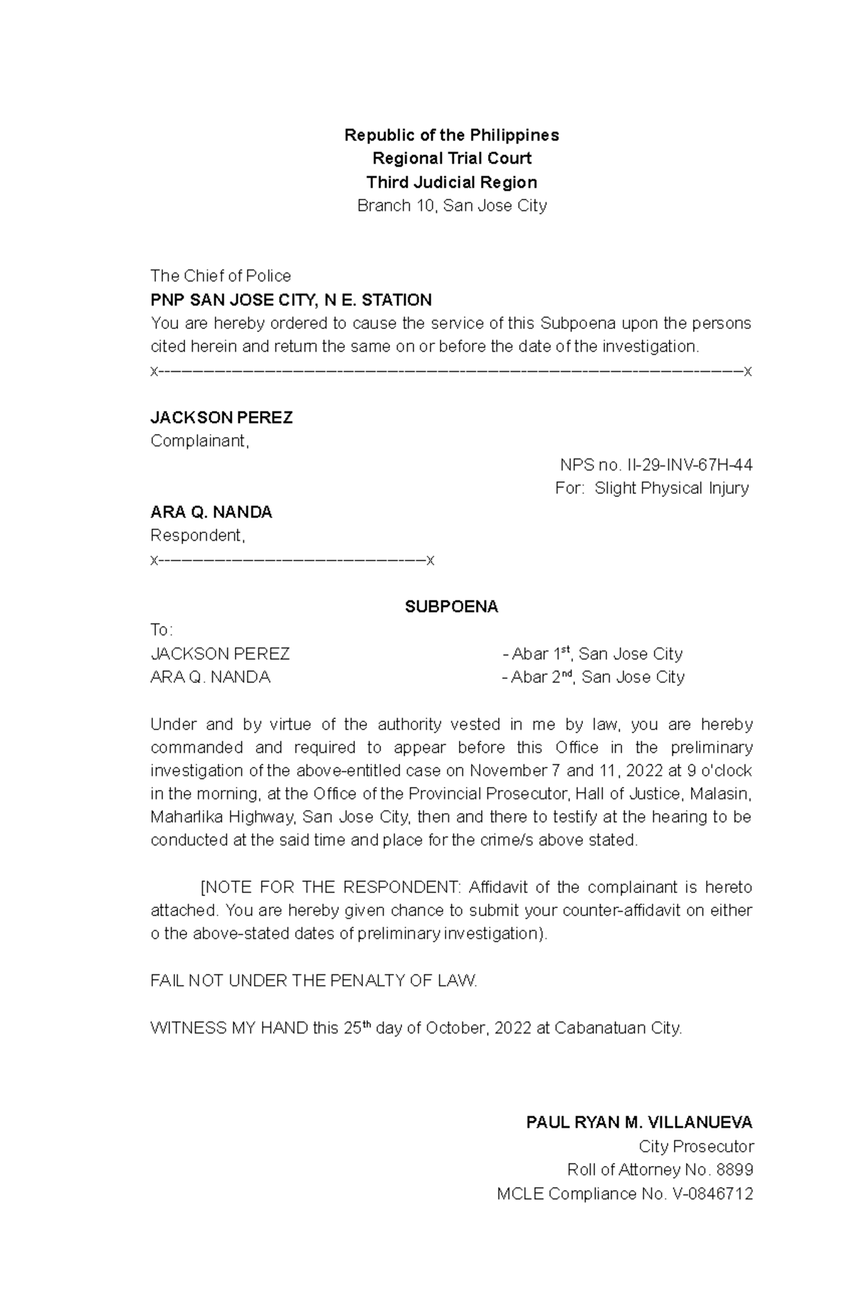 01 Subpoena OK fadsjfal Republic of the Philippines Regional Trial